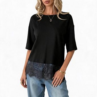 Women Top Round Neck Two Piece Lace Hem Layered Short Sleeve Loose Casual Tee