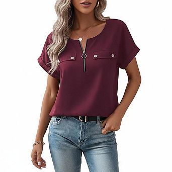 Women Top Notch Neck Half Zip Pocket Cuff Short Sleeve Loose Casual Blouse
