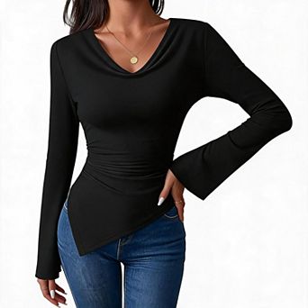 Women Top Cowl Neck Ruched Waist Sleeve Asymmetric Hem Fitted Long Sleeve Tee