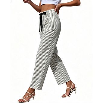 Womens Summer Striped Drawstring Wide Leg Lounge Pants with Pockets Comfy Beach Vacation Trousers