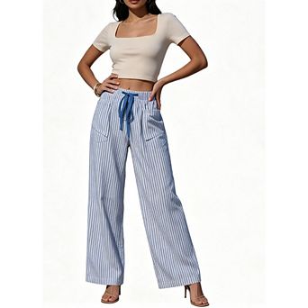 Womens Summer Striped Drawstring Wide Leg Lounge Pants with Pockets Comfy Beach Vacation Trousers