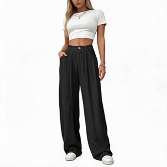Women's High Waisted Back Elastic Linen Wide Leg Pants Dressy Business Casual Trousers with Pockets