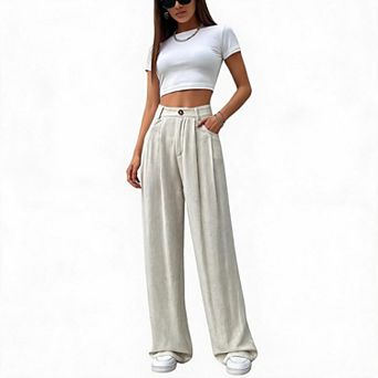 Women's High Waisted Back Elastic Linen Wide Leg Pants Dressy Business Casual Trousers with Pockets