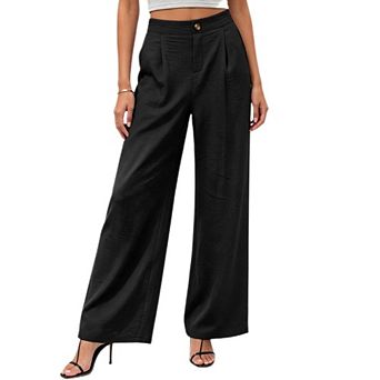 Women's High Back Elastic Waist Straight Wide Leg Business Office Casual Long Trousers with Pockets
