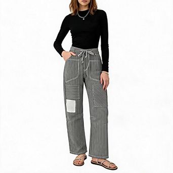 Womens Striped Patchwork Drawstring Wide Leg Boyfriend Barrel Denim Jeans Casual Daily Pants