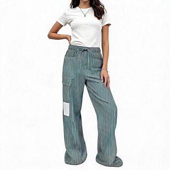 Womens Striped Patchwork Drawstring Wide Leg Boyfriend Barrel Denim Jeans Casual Daily Pants