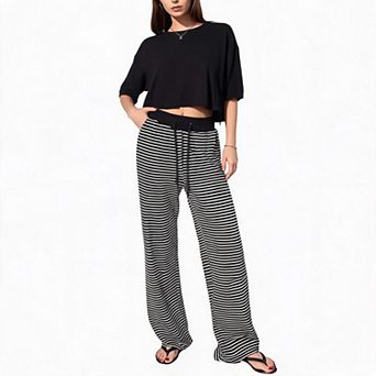 Womens Striped Elastic Drawstring Low Waist Comfy Long Lounge Pajama Pants Daily Sleep Trousers