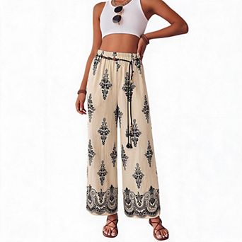Women's Elastic Drawstring Waist Flowy Wide Leg Palazzo Trousers with Pockets Summer Beach Vacation