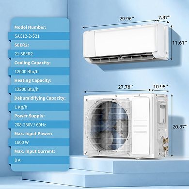 12000 BTU Mini Split AC with Heat Pump, 21 SEER, WiFi, Covers 750 Sq. Ft.
