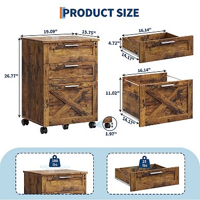 3-Drawer File Cabinet with Lock, Mobile Under Desk Storage Drawer for Home Office