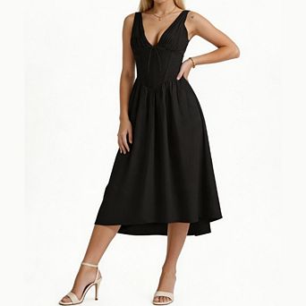 Women Boho Corset Waist Flowy A Line Midi Dress Summer Casual Going Out Mid Length Dress