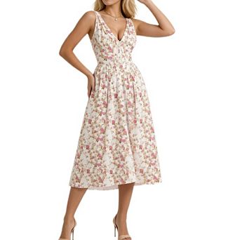 Women Boho Corset Waist Flowy A Line Midi Dress Summer Casual Going Out Mid Length Dress