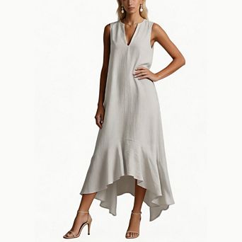 Women’s Sleeveless Deep V Neck Dress Asymmetrical Hem Flattering Slim Fit Casual Party Dress