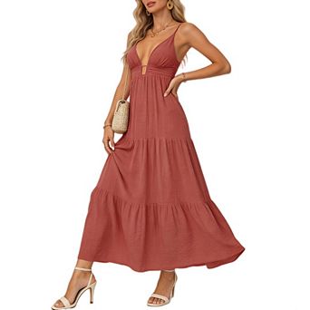 Women's Spaghetti Strap V Neck A Line Maxi Dress Summer Casual Beach Vacation Long Dress