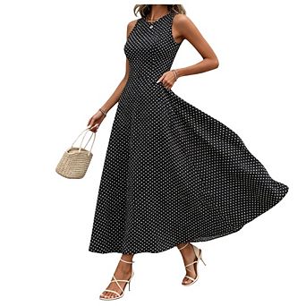 Women’s Elegant Sleeveless Boat Neck Bodycon Maxi Dress Polka Dot Slim Fit Long Dress