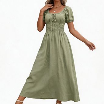 Women's Square Neck Smocked Short Sleeve Tie Front A Line Flowy Long Maxi Dress Vacation Dress