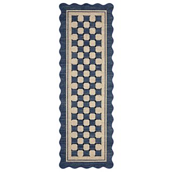 Scalloped Edge Checkered Faux Linen Woven Area Rug Machine Washable Non-Slip Stain-Resistant Carpet