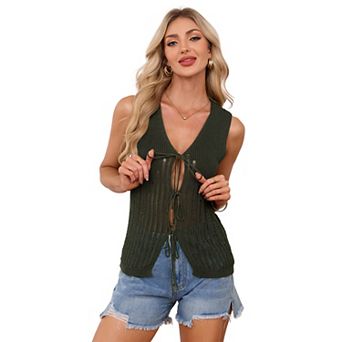 Women Crochet Vest Sweater Tie Front Tank Top