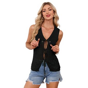 Women Crochet Vest Sweater Tie Front Tank Top