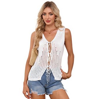 Women Crochet Vest Sweater Tie Front Tank Top