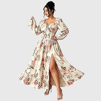 Women's Plus Size Milkmaid Maxi Dress Puff Sleeve Square Neck Tie Front Split A-Line Boho Dress