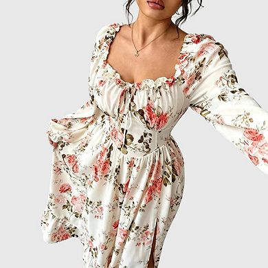 Women's Plus Size Milkmaid Maxi Dress Puff Sleeve Square Neck Tie Front Split A-Line Boho Dress