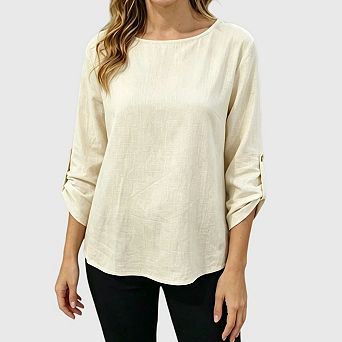 Women's Linen Tops Casual Crewneck Roll Up Sleeve Button Trendy Blouses Shirt