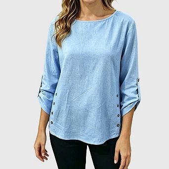 Women's Linen Tops Casual Crewneck Roll Up Sleeve Button Trendy Blouses Shirt