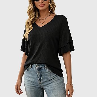 Womens V Neck Short Ruffle Sleeve T Shirts Summer Casual Loose Fit Knit Tops Blouses