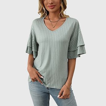 Womens V Neck Short Ruffle Sleeve T Shirts Summer Casual Loose Fit Knit Tops Blouses