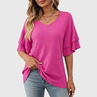 Womens V Neck Short Ruffle Sleeve T Shirts Summer Casual Loose Fit Knit Tops Blouses