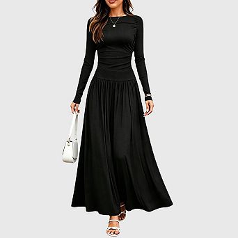 Womens Fall Maxi Dress Casual Stretch Long Sleeve Crewneck A Line Flowy Long Dress