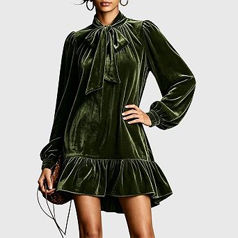 Womens Velvet Mini Dress Tie Neck Puff Sleeve Ruffle Hem Babydoll Party Wedding Guest Dress