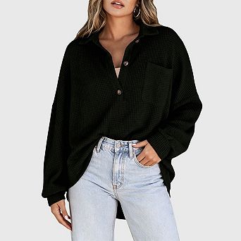 Women Waffle Knit Henley Shirts Long Sleeve V Neck Solid Color Casual Tunic Tops