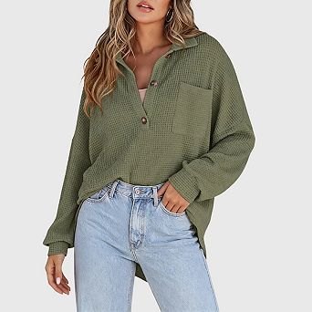 Women Waffle Knit Henley Shirts Long Sleeve V Neck Solid Color Casual Tunic Tops