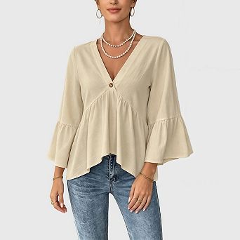 Women's Cotton Button Up Shirt 3/4 Sleeve V Neck Cropped Ruffle Peplum Babydoll Tops