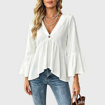 Women's Cotton Button Up Shirt 3/4 Sleeve V Neck Cropped Ruffle Peplum Babydoll Tops