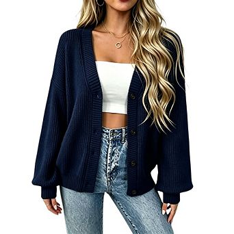 Women's Oversized Chunky Rib Knit Sweater Casual V Neck Button Front Loose Cardigan