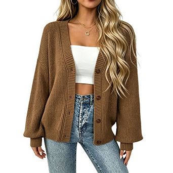Women's Oversized Chunky Rib Knit Sweater Casual V Neck Button Front Loose Cardigan