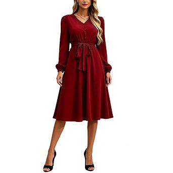 Women's V Neck Puff Long Sleeve Midi Dress Elegant Dressy Tie Waist Flowy A Line Dresses