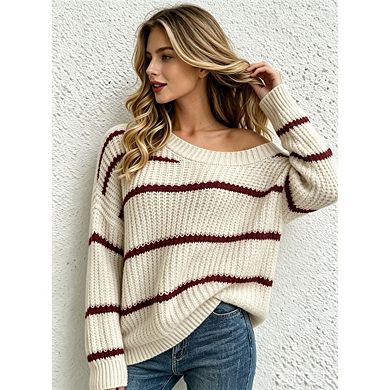 Women's Off Shoulder Chunky Knit Sweater Drop Shoulder Oversized Long Sleeve Loose Pullover