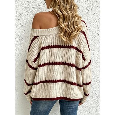 Women's Off Shoulder Chunky Knit Sweater Drop Shoulder Oversized Long Sleeve Loose Pullover