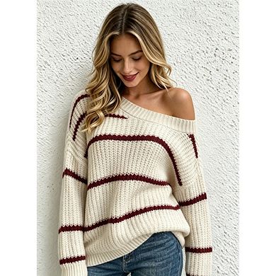 Women's Off Shoulder Chunky Knit Sweater Drop Shoulder Oversized Long Sleeve Loose Pullover