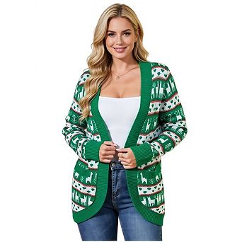 Women Open Front Christmas Cardigan Reindeer Heart Fair Isle Print Long Sleeve Knit Sweater Coat