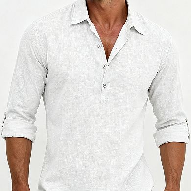 Men Collared Henley Pullover Shirt Lightweight Long Sleeve Casual Top