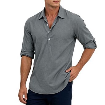 Men Collared Henley Pullover Shirt Lightweight Long Sleeve Casual Top