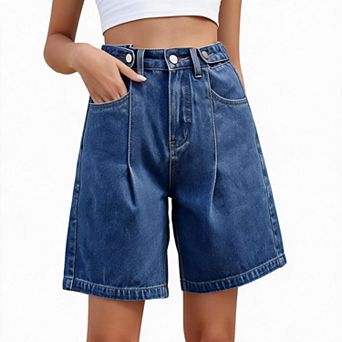 High Waist Adjustable Pleated Bermuda Shorts Women Casual Denim Bottoms