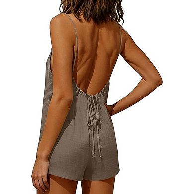 Women 100% Cotton Spaghetti Strap Romper Scoop Back Loose Short Jumpsuit with Pockets