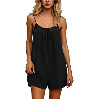 Women 100% Cotton Spaghetti Strap Romper Scoop Back Loose Short Jumpsuit with Pockets