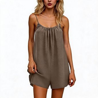 Women 100% Cotton Spaghetti Strap Romper Scoop Back Loose Short Jumpsuit with Pockets